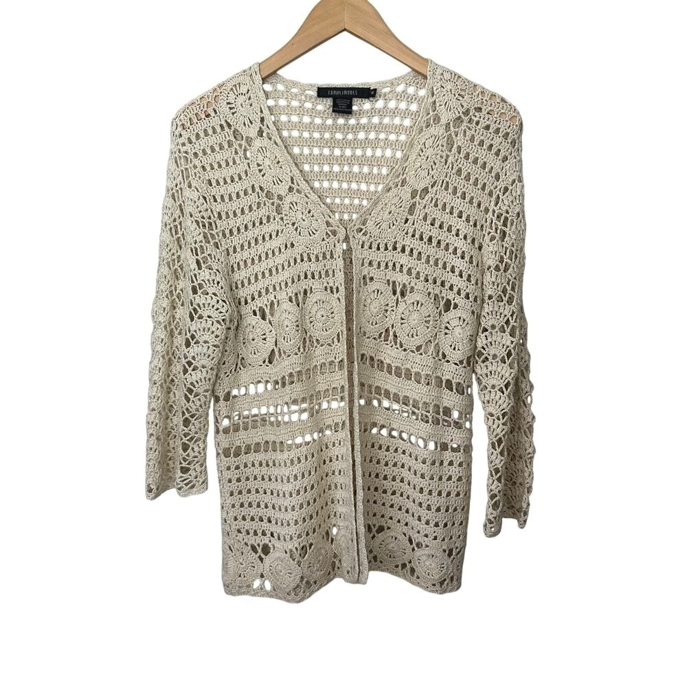 VTG Womens Cottagecore Crochet Cardigan Womens Medium Beige Boho Hippie Top